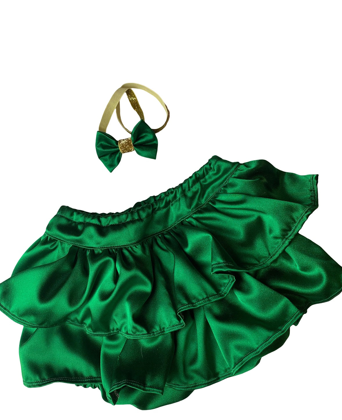 Lucky one ruffle satin girl skirt with matching green and gold headband