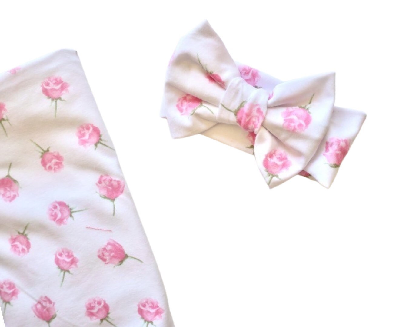 Rose pink Baby Swaddle Blanket with bow hat