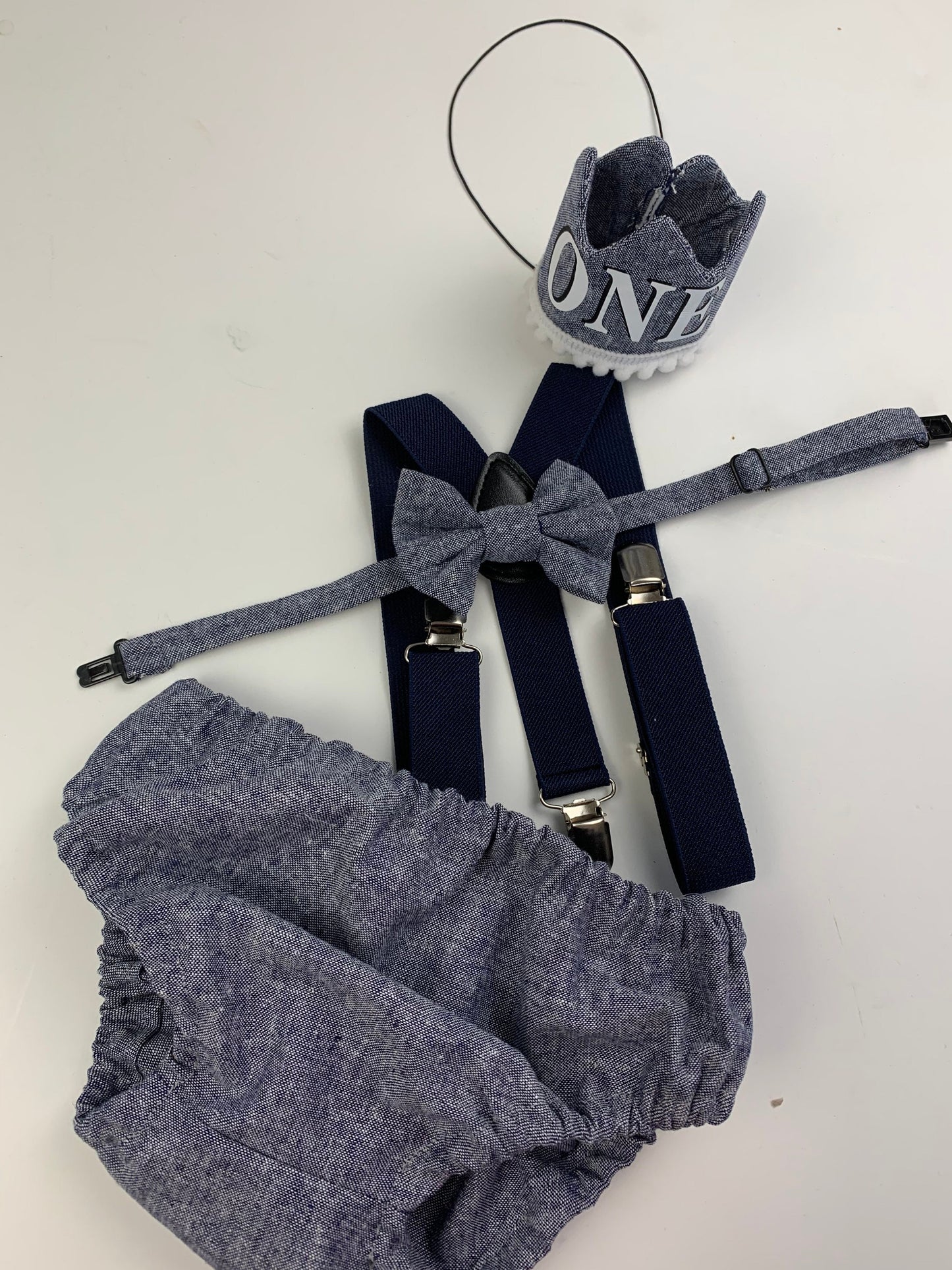 Light denim sitter set - baby boy photo prop - baby clothes - vintage style - first birthday crown - cake smash outfit