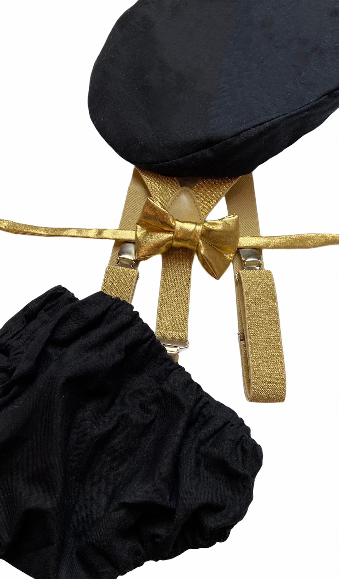 Baby boy first birthday outfit, black and gold little man theme