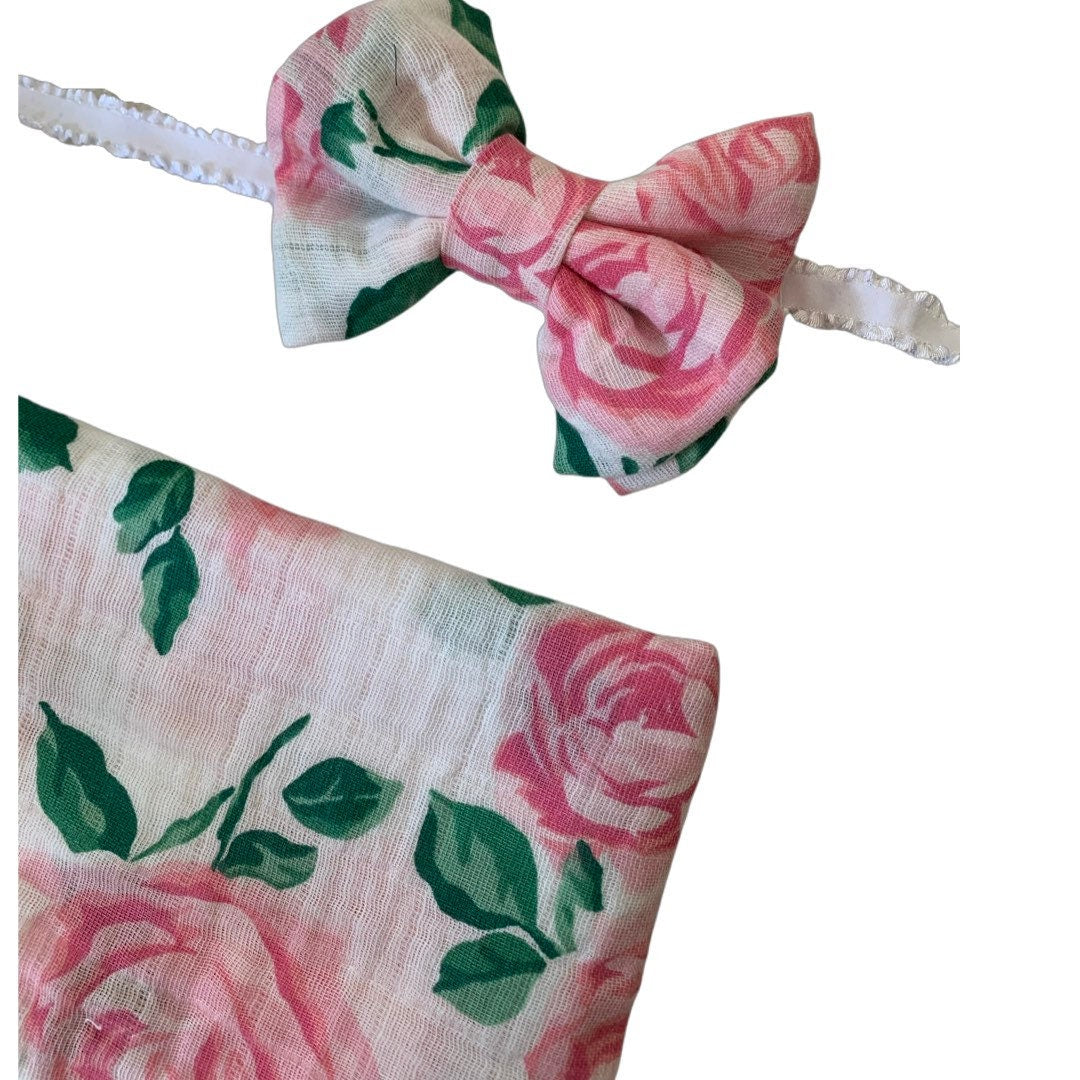 ROSE FLOWER BABY MUSLIN SWADDLE and BOW