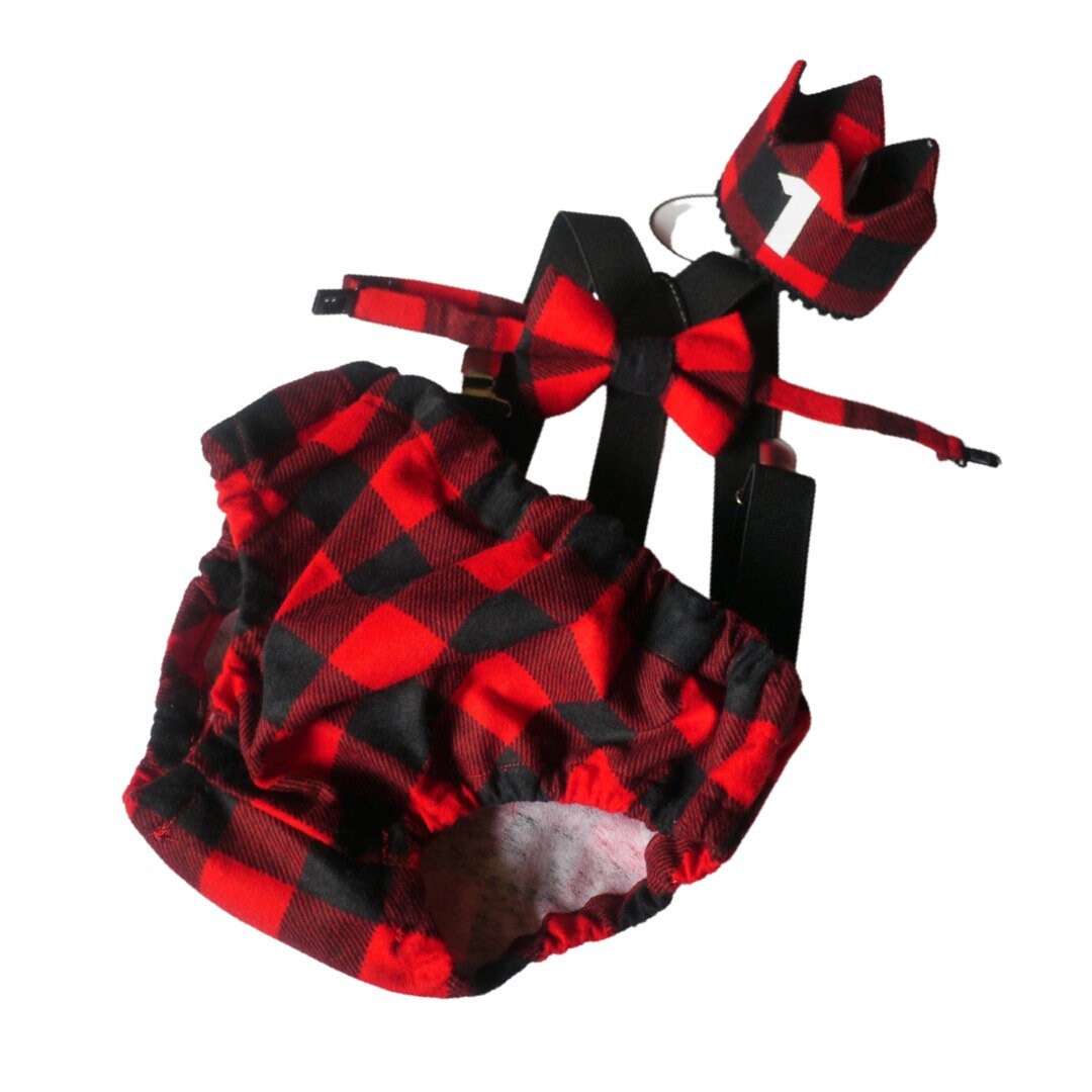 Lumberjack Birthday Diaper Cover, red and black plaid set, photo prop, cake smash outfit, woodlands, Bear outfit