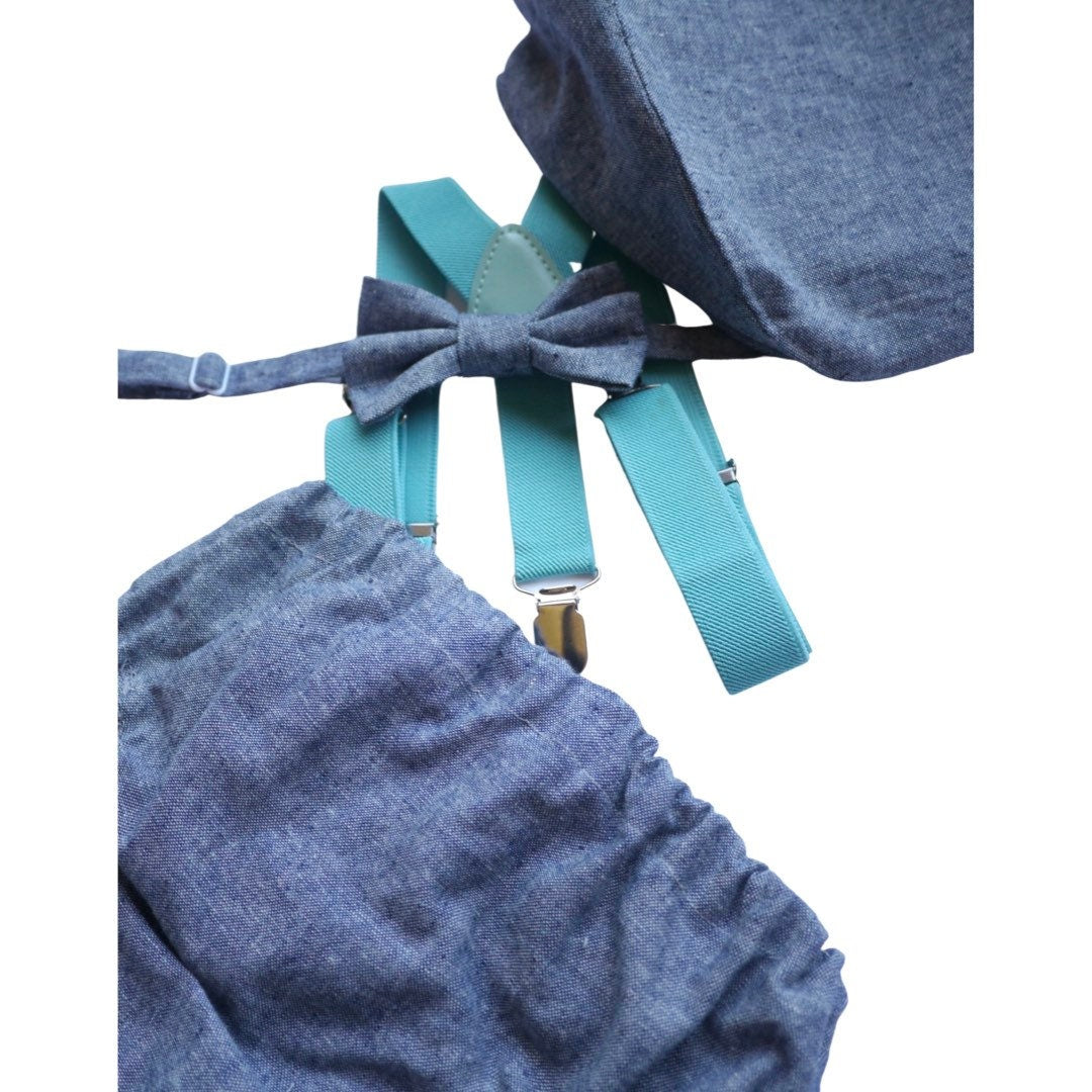 Light denim sitter set - baby boy photo prop - baby clothes - vintage style - flat cap - cake smash outfit