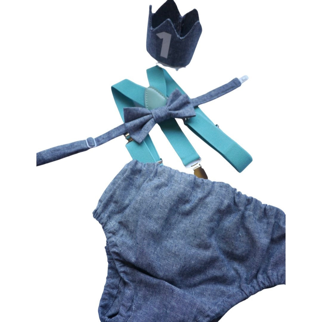 Light denim sitter set - baby boy photo prop - baby clothes - vintage style - birthday crown - cake smash outfit