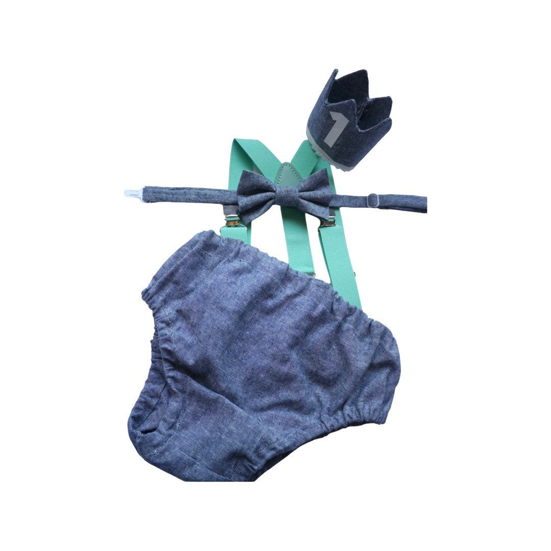 Light denim sitter set - baby boy photo prop - baby clothes - vintage style - birthday crown - cake smash outfit