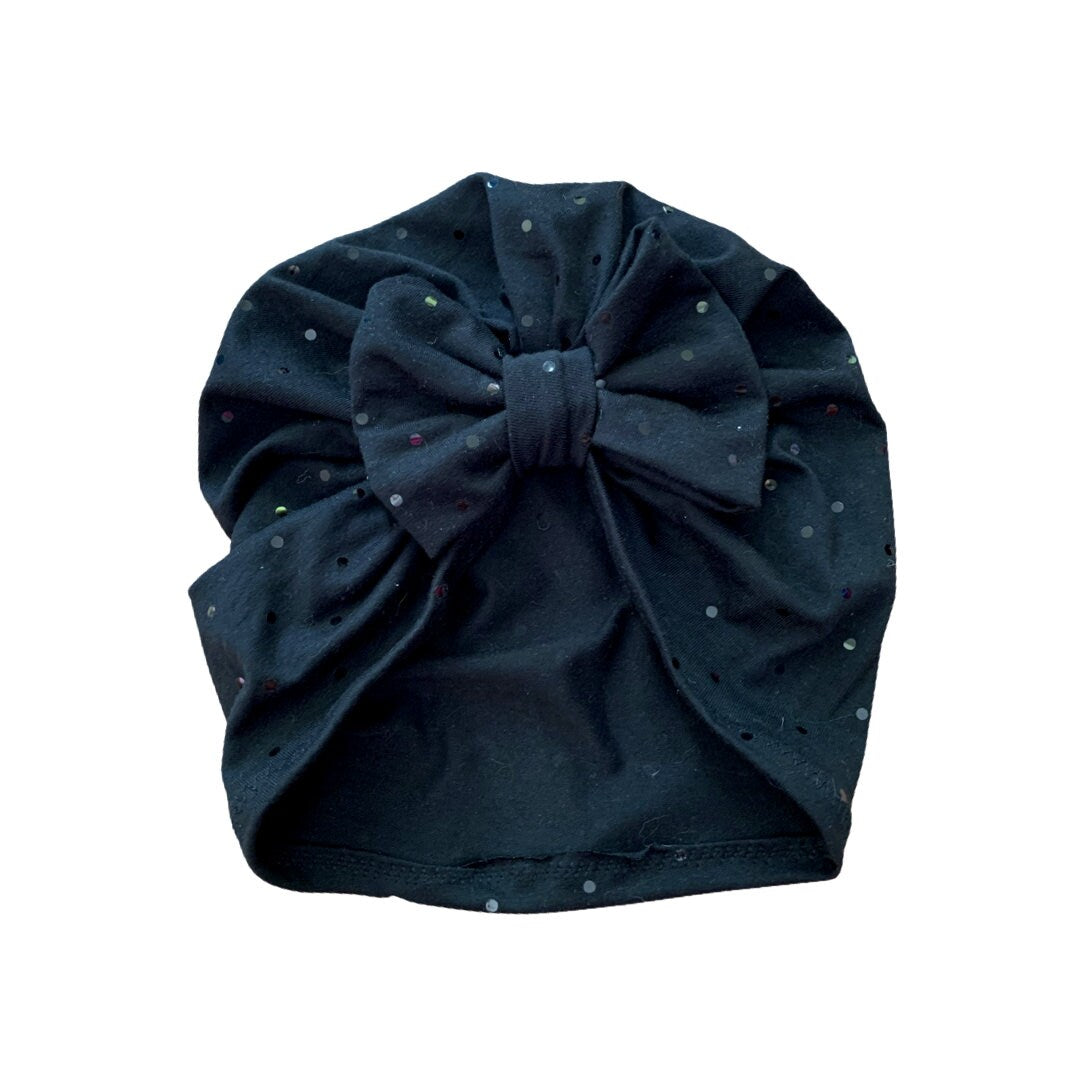 Black sparkle jersey bow turban hat