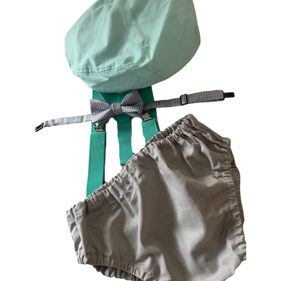 1st Birthday boy cake smash bow tie suspenders outfit 12 mo Teal, gray, boy outfit, bloomers, diaper cover