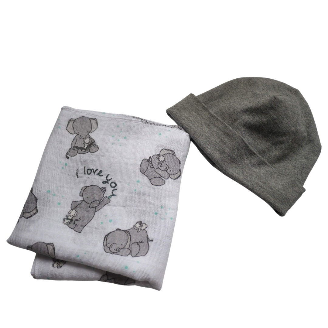 Grey Little Elephant Organic Bamboo Muslin Baby Swaddle Blanket with grey beanie hat