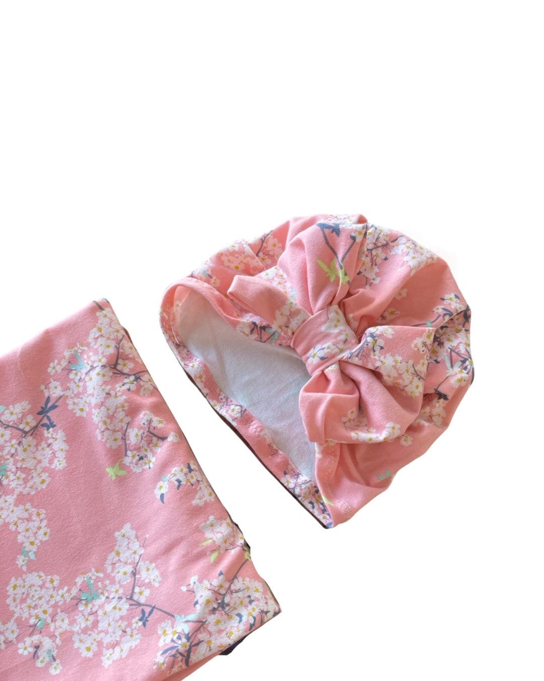 Cherry Blossom Pink Baby Swaddle Blanket with bow hat