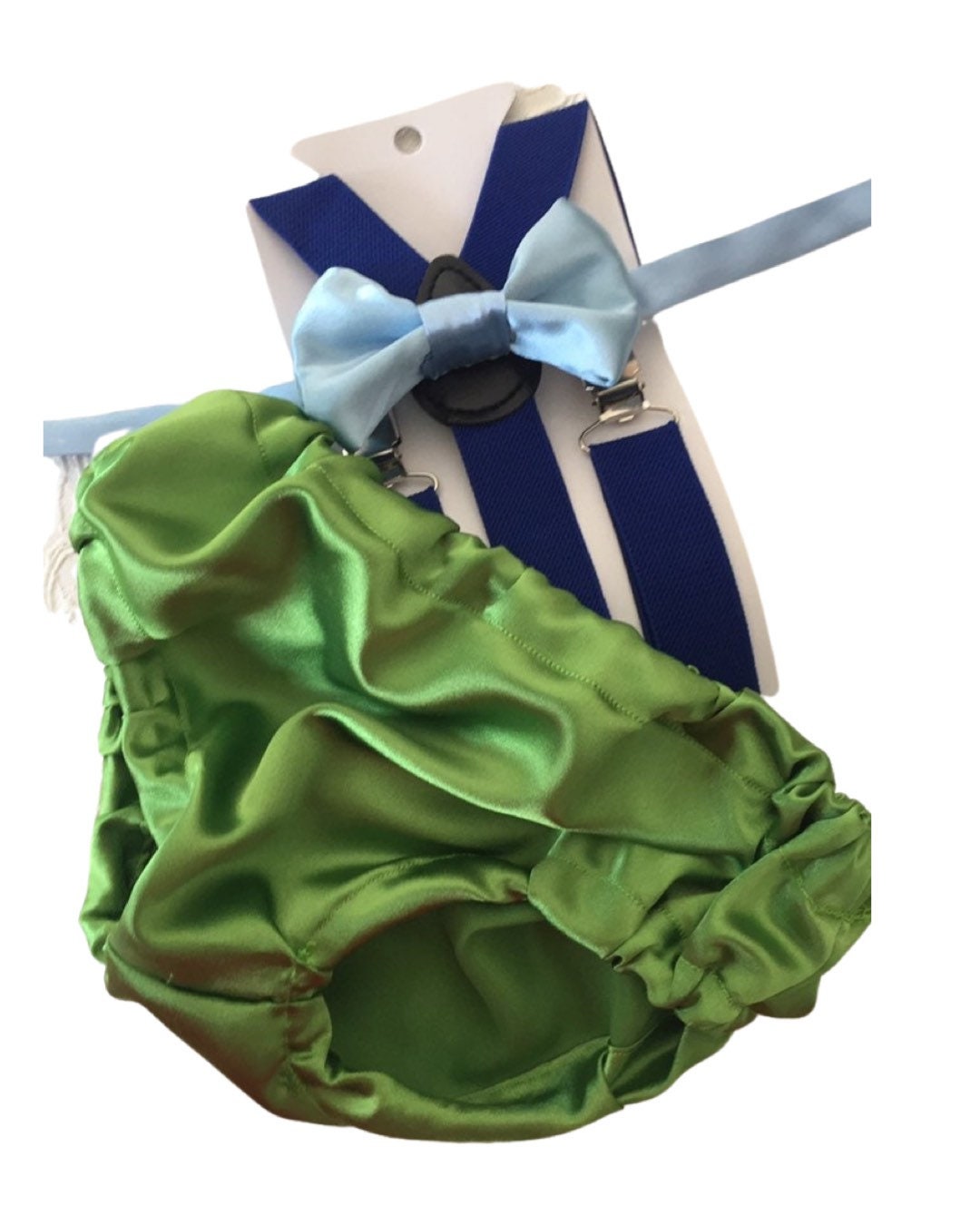 Monsters inspired Smash Cake Boy First Birthday blue cotton Diaper Cover, royal blue Suspenders,green lime bow tie first birthday outfit