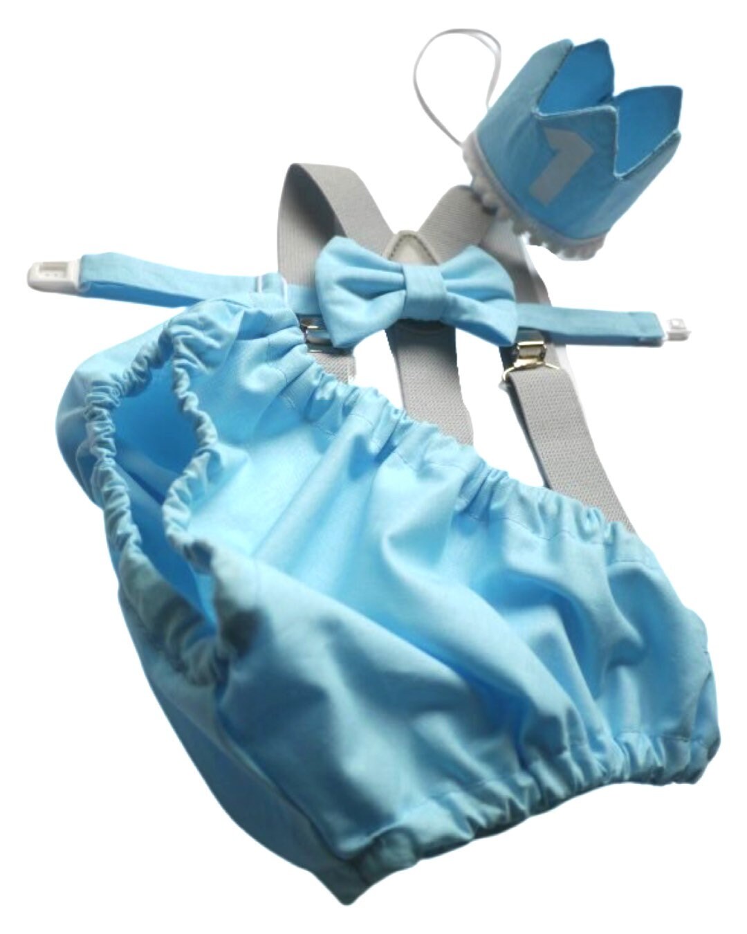 Cake Smash Outfit Gray Blue — Boys First Birthday Outfit Gray Blue — Baby Blue Bow Tie & Baby Blue Diaper Cover with Gray Suspenders