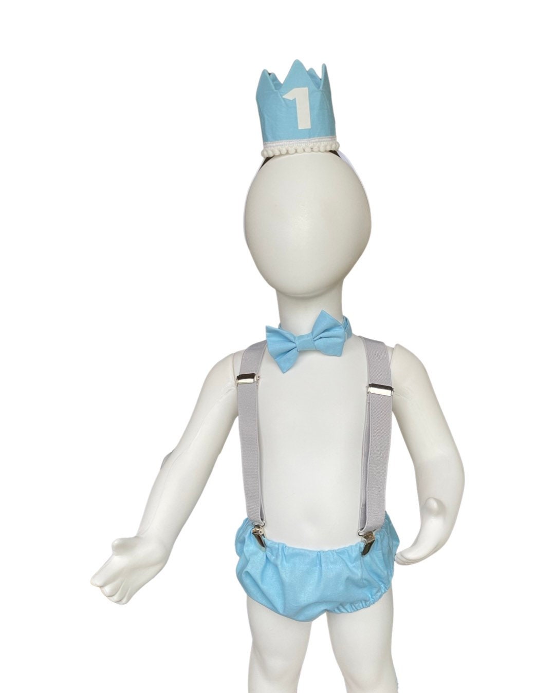 Cake Smash Outfit Gray Blue — Boys First Birthday Outfit Gray Blue — Baby Blue Bow Tie & Baby Blue Diaper Cover with Gray Suspenders