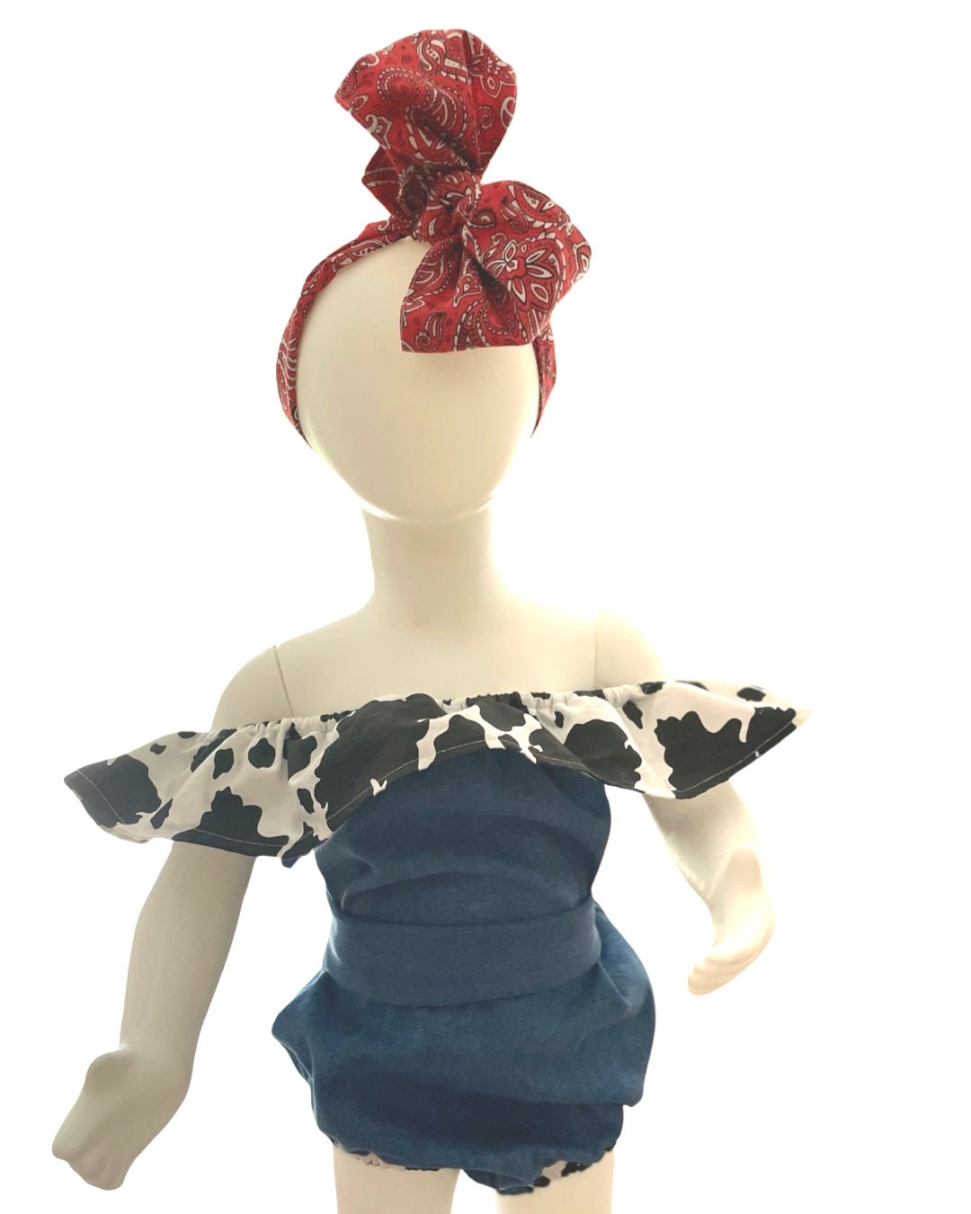 Cowgirl western romper with red bandanna bow wrap