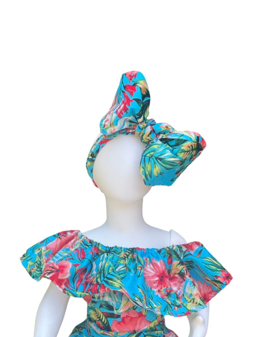 Tropical Floral Romper with Matching Bow Wrap | Baby Girl Off-Shoulder Outfit | Luau Birthday & Cake Smash Set