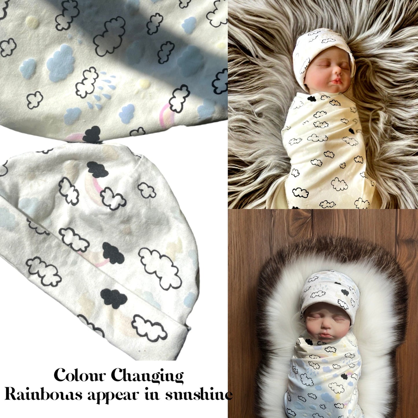 Colour Changing Rainbow Baby Swaddle Blanket with baby newborn hat