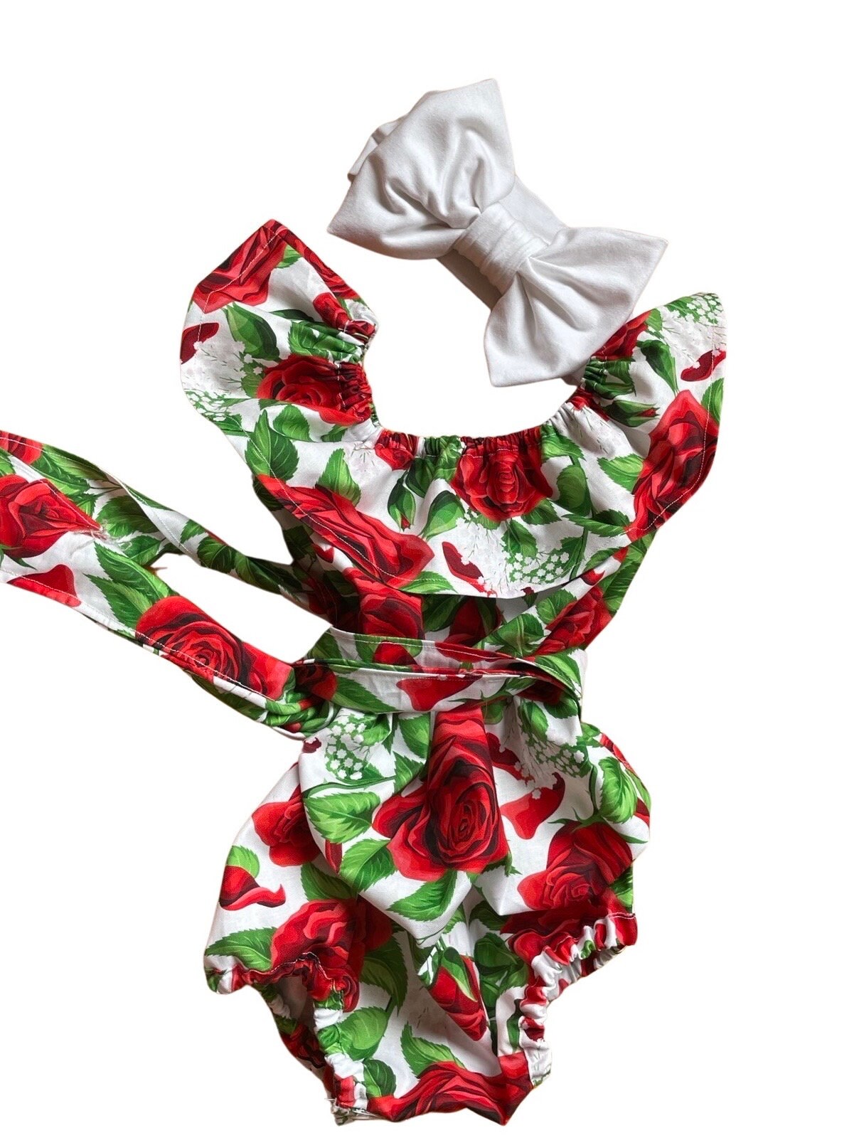 Rose Baby ruffle Valentines Romper with bow wrap