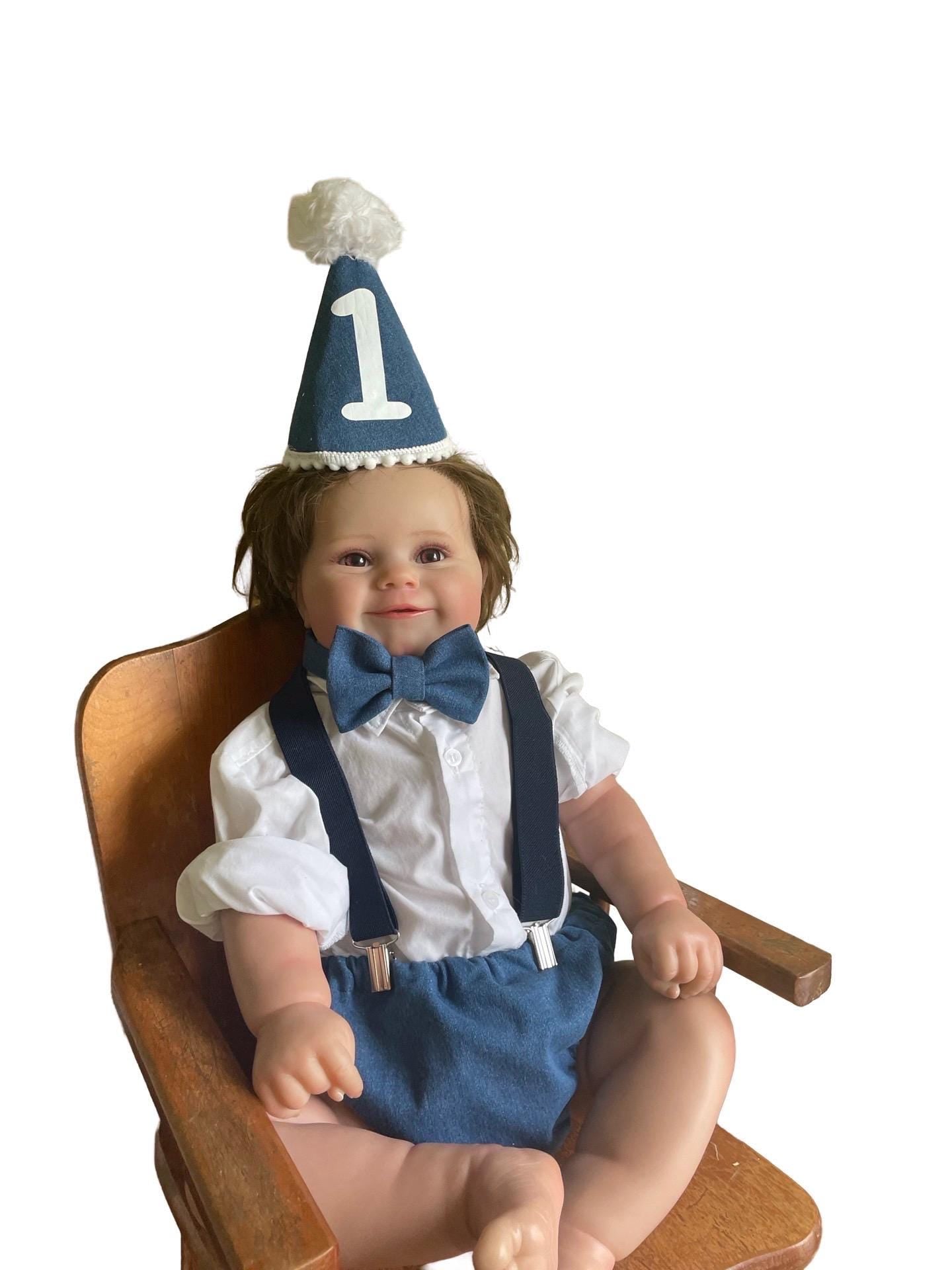 Light denim sitter set - baby boy photo prop - baby clothes - vintage style - first birthday party hat - cake smash outfit