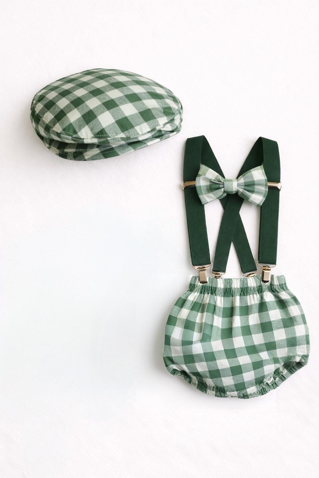 First Birthday Cake Smash Outfit Fall White Black plaid pumpkin Green checkered Diaper Cover bow Tie for Baby Checkered flat cap cake smash