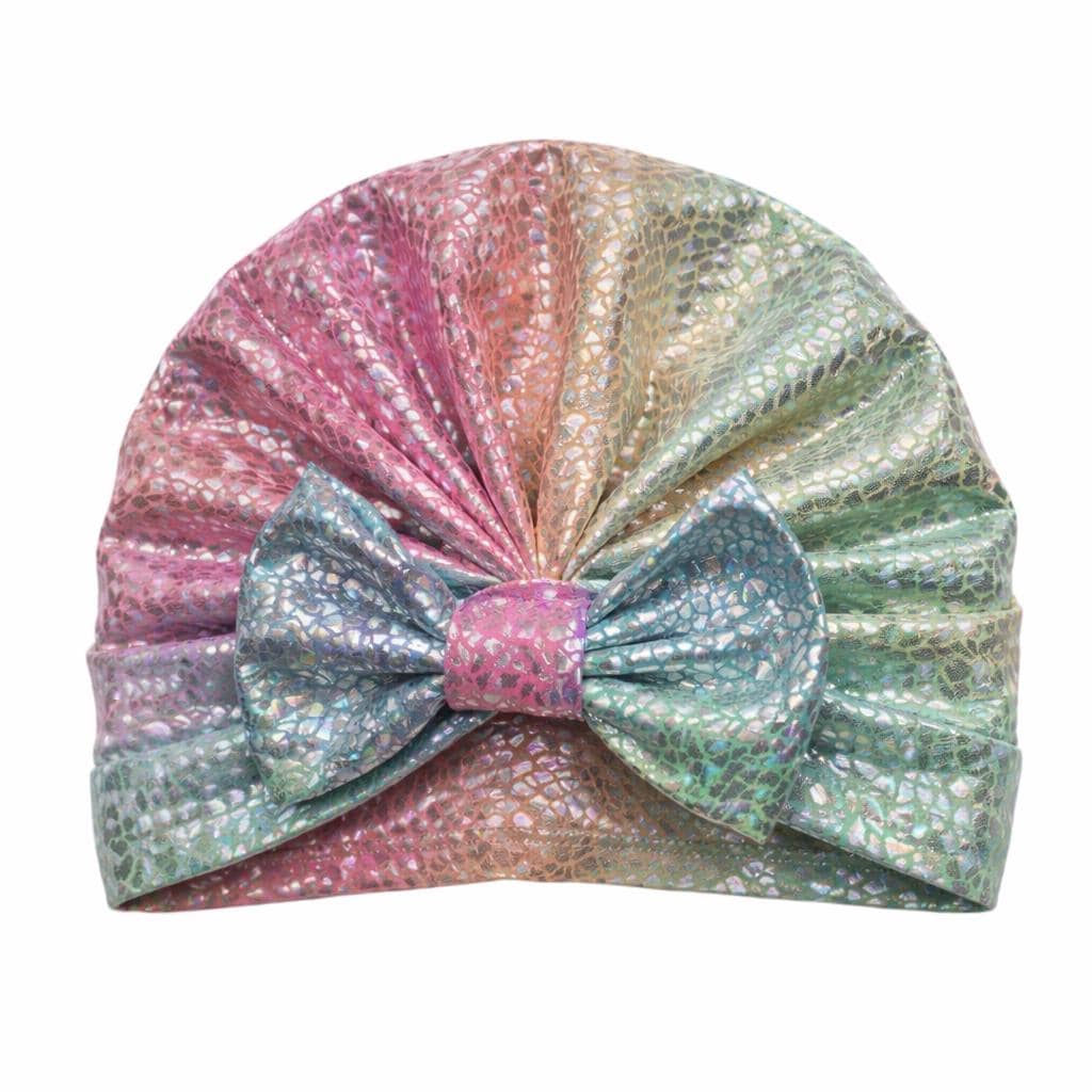 Rainbow baby turban bow hat, iridescent newborn hat with bow