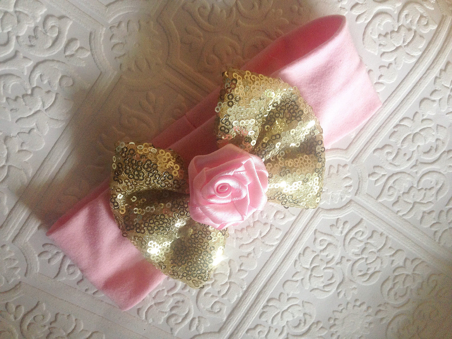 Gold bow headband, bow headband, gold headband, baby gold headband, Pink headband, baby headband, sparkling headband, pink and gold headband