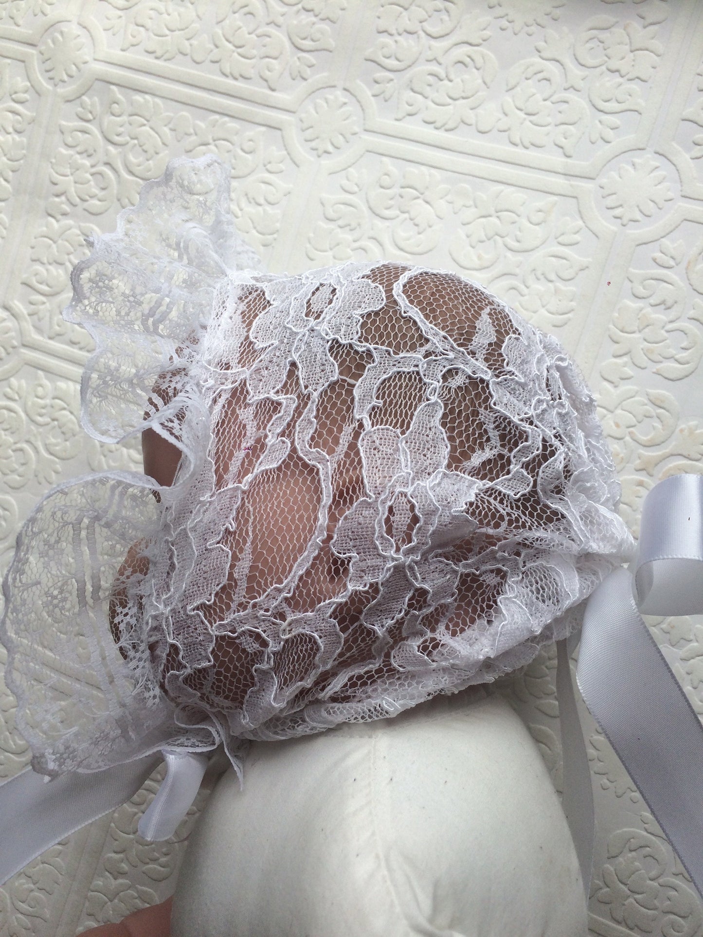 LACE Baptism White baby bonnet