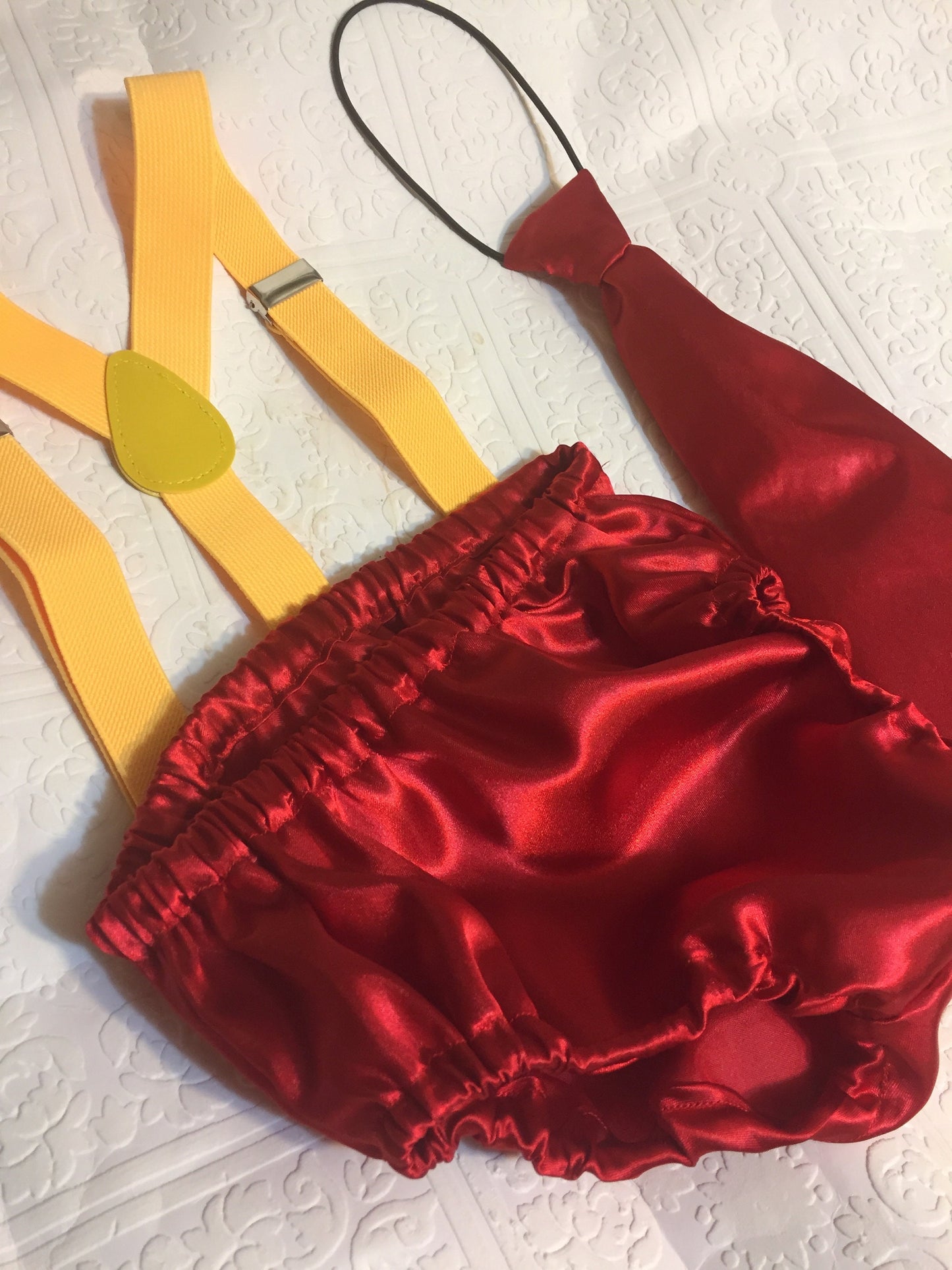 1st birthday set, satin re birthday, red bloomers, red tie, red first birthday, boy bloomer, birthday bloomer, suspender