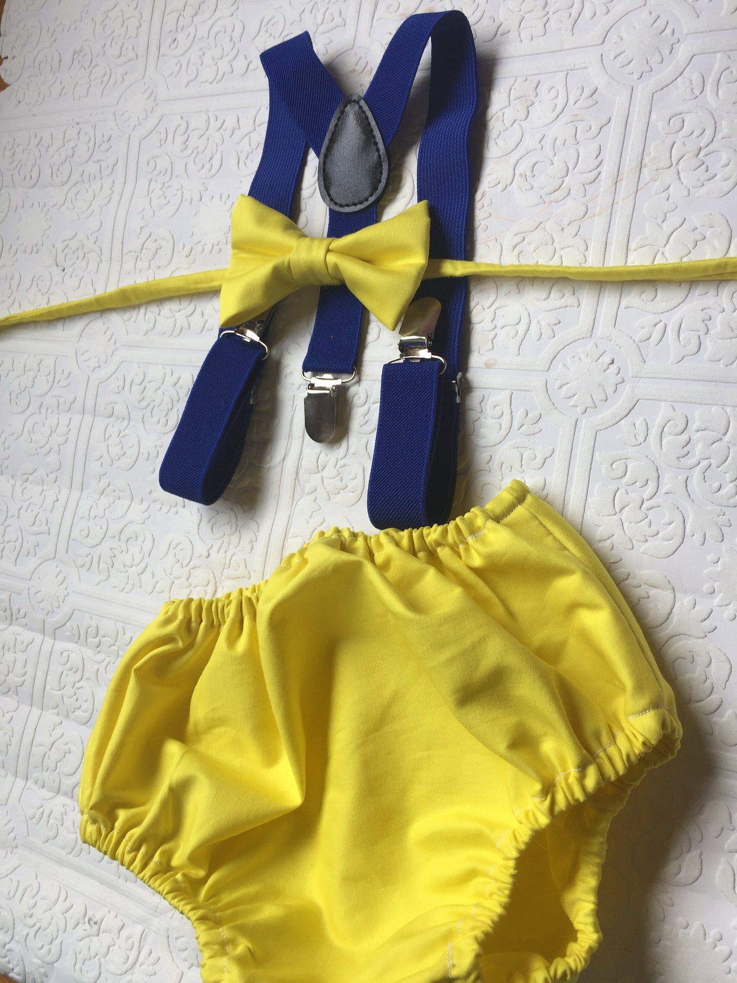 1st Birthday boy cake smash diaper cover bow tie Suspenders Blue yellow bloomers Bow tie