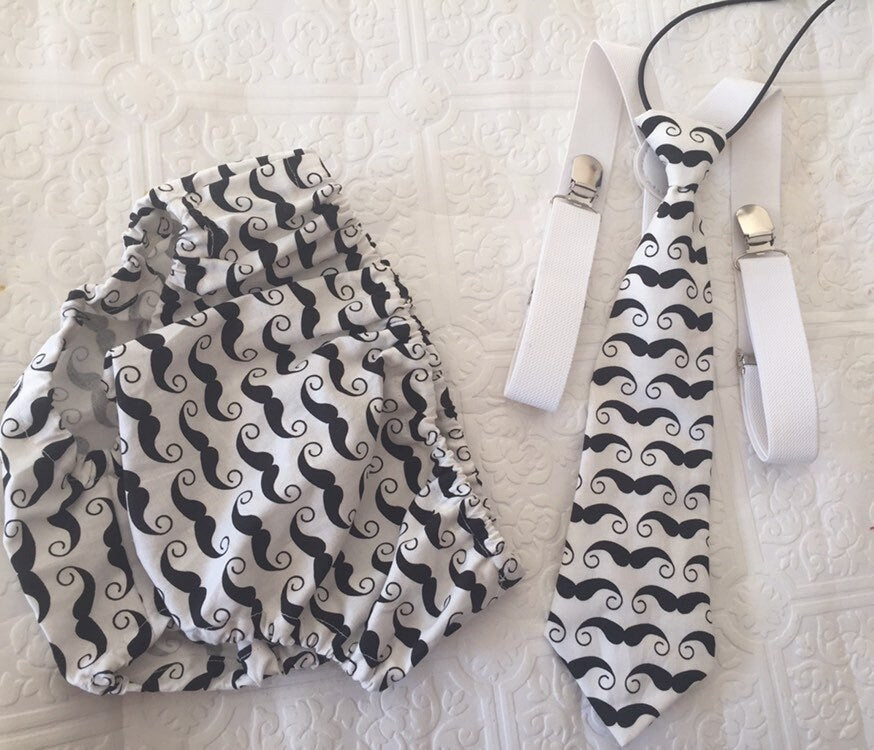 Black & White Moustache 3 Piece Cake Smash Outfit - First Birthday Set Mr Onederful Cake Smash Boy Outfit, Black Diaper Cover, suspenders