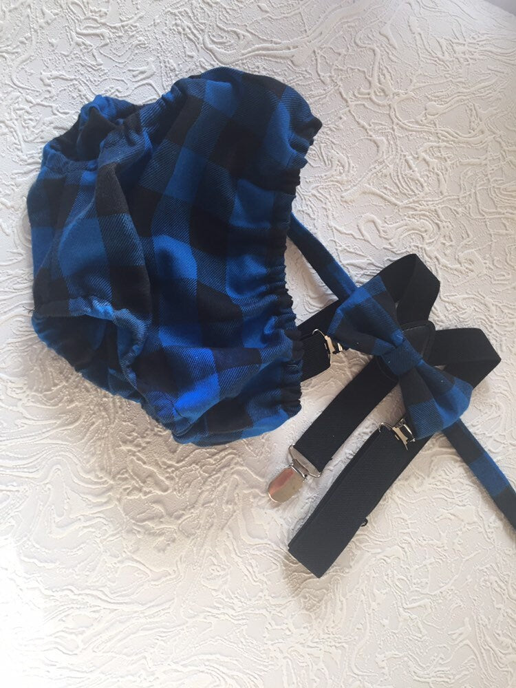 Boys Cake Smash Outfit - Blue black Buffalo Plaid- Diaper Cover, bow Tie & Birthday Hat - First Birthday Outfit - Boys Birthday Outfit -