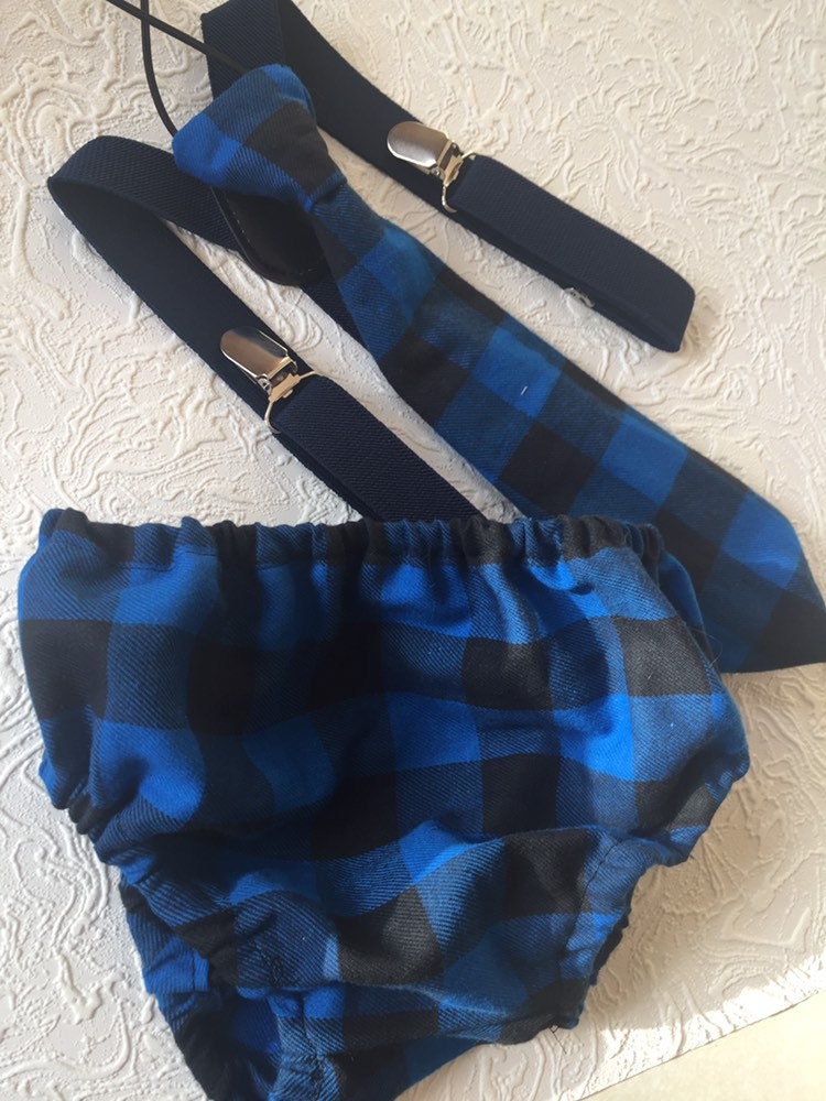 Boys Cake Smash Outfit - blue Black Plaid - Buffalo Plaid - Lumberjack First Birthday Outfit - Diaper Cover, Tie & Birthday bloomers
