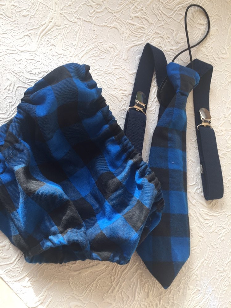 Boys Cake Smash Outfit - blue Black Plaid - Buffalo Plaid - Lumberjack First Birthday Outfit - Diaper Cover, Tie & Birthday bloomers