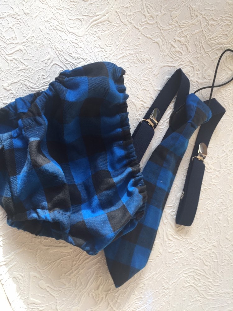 Boys Cake Smash Outfit - blue Black Plaid - Buffalo Plaid - Lumberjack First Birthday Outfit - Diaper Cover, Tie & Birthday bloomers