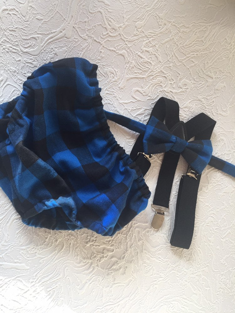 Cake Smash Outfit Boy Girl Buffalo Plaid Set or Buy the Piece Diaper Cover Bow Tie Suspenders Boys First 1st Birthday Lumberjack Photoshoot