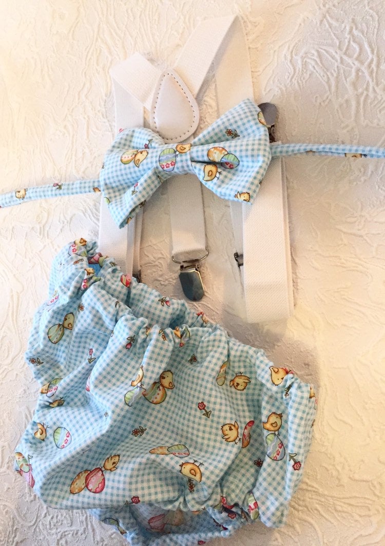 Boys Cake Smash Outfit - Blue Gingham - Vintage easter- Diaper Cover, Bow Tie & suspenders - Boys Birthday Outfit First 1st Birthday - eggs