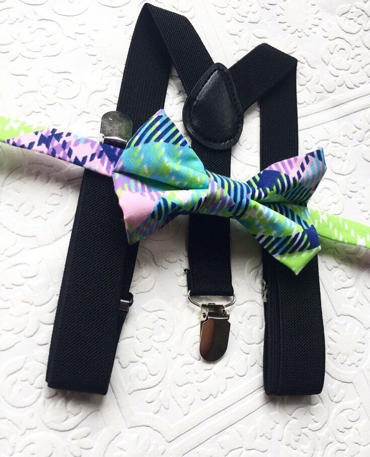 Suspenders & Bow Tie Set -- Green Suspenders -- Lime Green Bow Tie -- Boys Birthday Outfits -- Pink bow tie -- blue bow tie