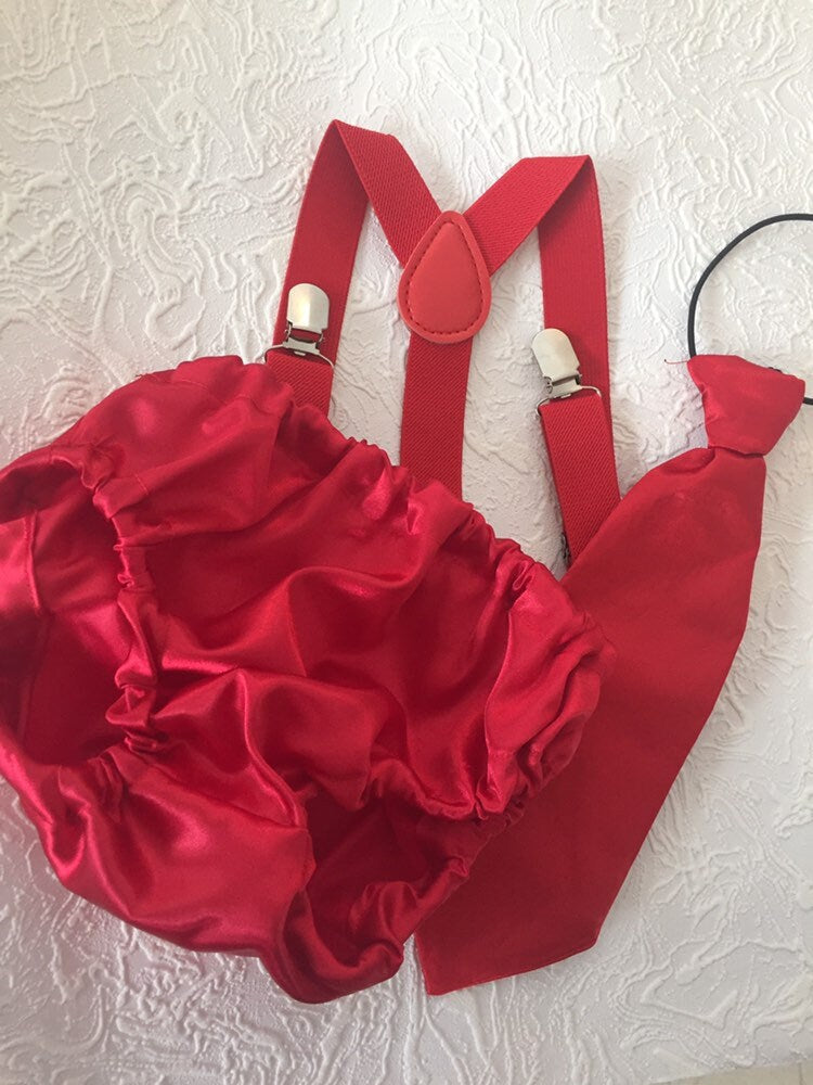 Baby Boy 1st Birthday Outfit, Cake Smash Boy Outfit, Red Diaper Cover, Bow tie and Suspender, First Birthday Boy, 1st Smash Outfit