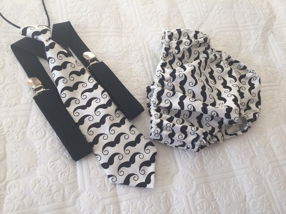 Black & White Moustache 3 Piece Cake Smash Outfit - First Birthday Set Mr Onederful Cake Smash Boy Outfit, Black Diaper Cover, tie