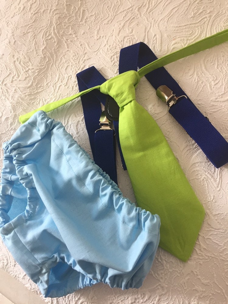 Boys First Birthday Outfit - Monster Party - Diaper Cover, Tie & bloomers - blue Suspenders - 1st Birthday - Cake Smash Outfit