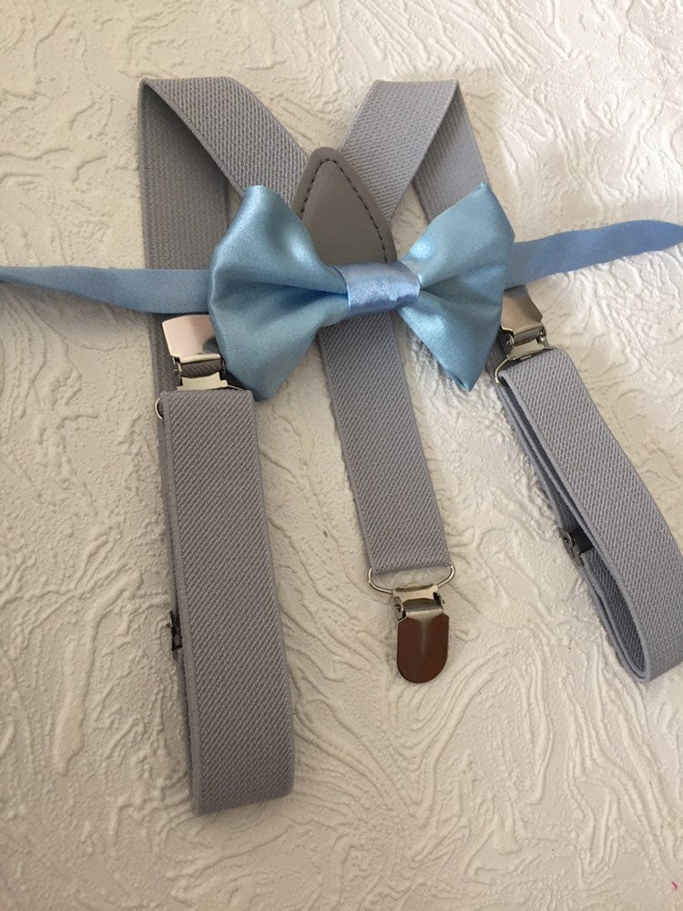 Blue Bow Tie and Medium gray Suspenders, Quality boys, Toddler Suspenders, Boys, Kids, Ring Bearer Gift, Light Blue, Fog, Mist, Braces,