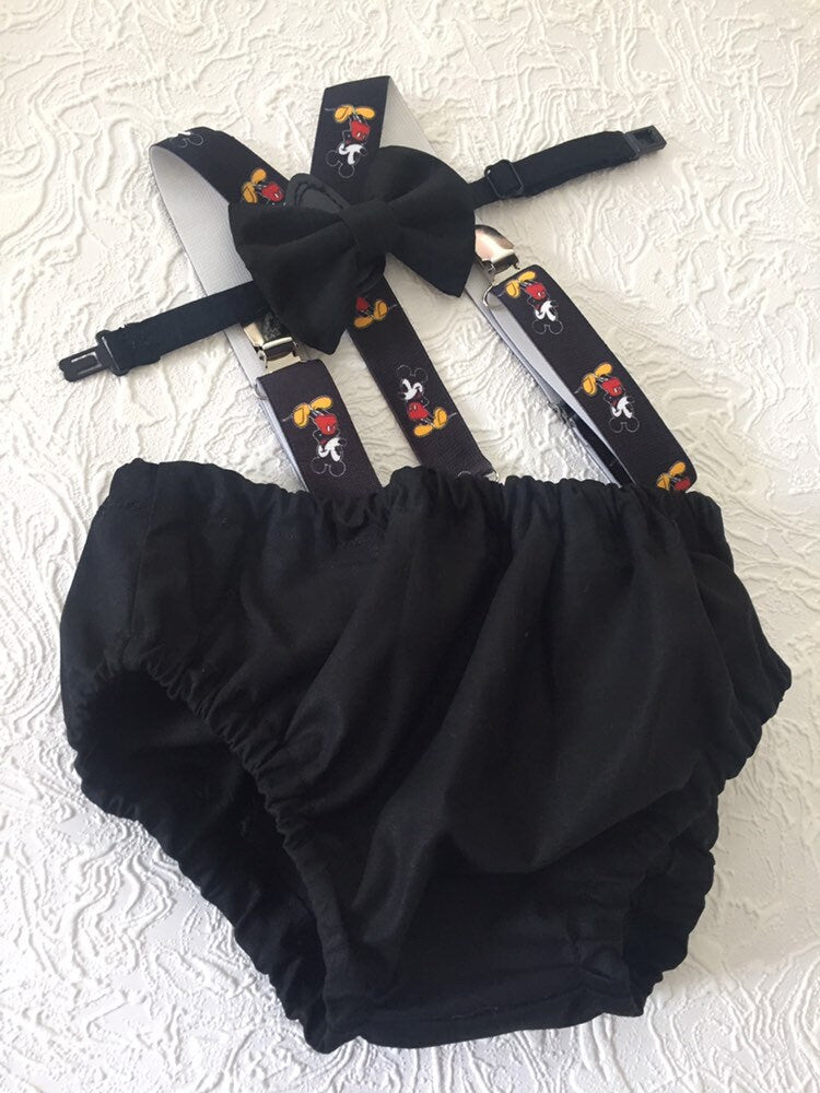 Black smash cake outfit with suspenders, bow tie, first Birthday, red and yellow cake smash, boy cake smash