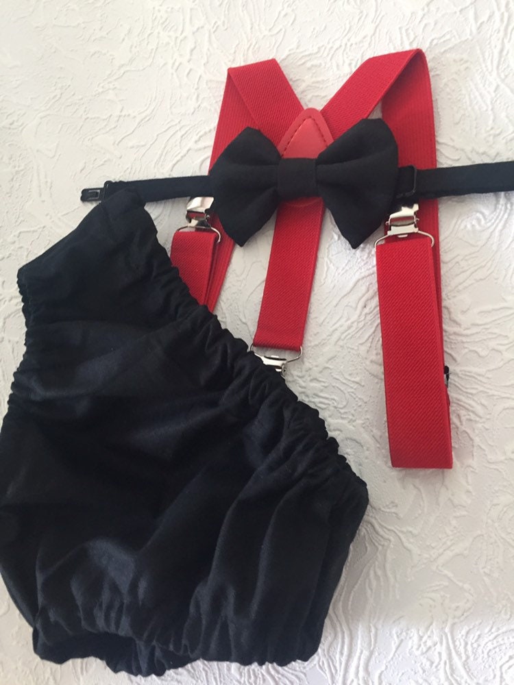 Cake Smash Boy Outfit, Black and red 1st Birthday Boy, Black Diaper Cover, Bowtie, Suspender, green suspenders, First Birthday Boy, Boy