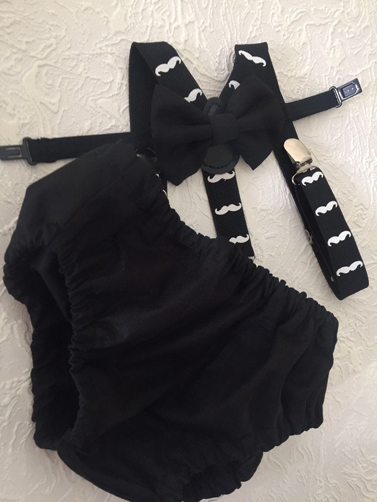 Little man 1st birthday outfit, 1st birthday cake smash outfit, mustache cake smash outfit, mustache suspenders and diaper cover, boy cake