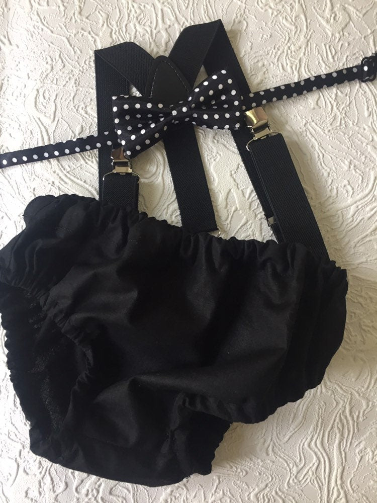 Cake Smash Boy Outfit, Black 1st Birthday Boy, Black Diaper Cover, Bowtie, Suspender, black suspenders, First Birthday Boy, Boys 1st
