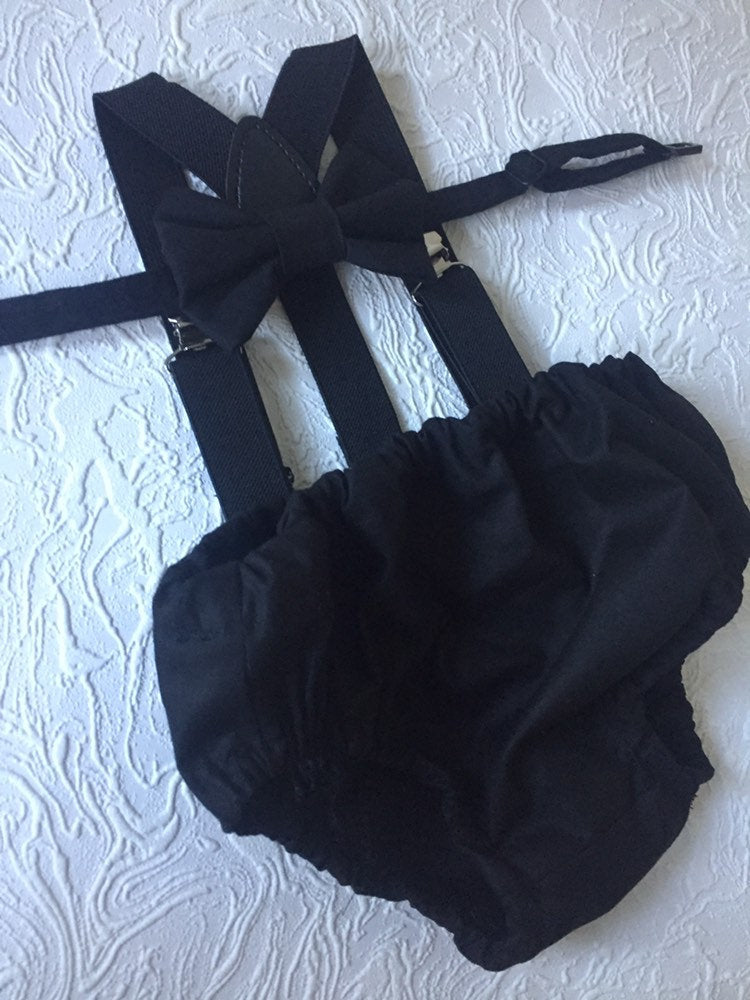 Cake Smash Boy First Birthday super soft black cotton Diaper Cover,black Suspenders,black bow tie, Birthday Photoshoot