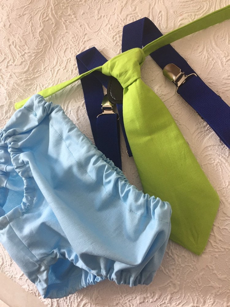 Boys First Birthday Outfit - Monster Party - Diaper Cover, Tie & bloomers - blue Suspenders - 1st Birthday - Cake Smash Outfit