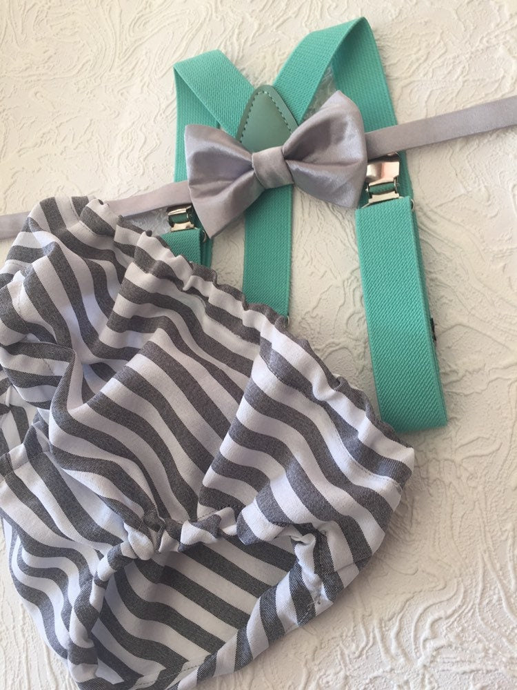 1st Birthday boy cake smash Outfit Bow tie bloomers Suspenders Gray stripe mint, boy outfit,bloomers,diaper cover