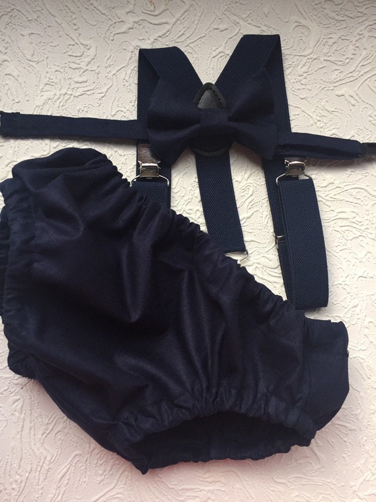 Navy Smash Cake Outfit Boy First Birthday super soft navy cotton Diaper Cover, navy Suspenders and navy bow tie 1st Birthday Photoshoot