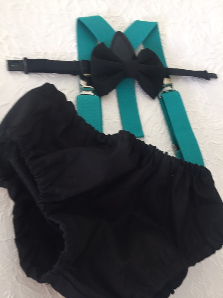 1st Birthday boy cake smash Outfit Bow tie bloomers Suspenders teal black bow tie, boy outfit,bloomers,diaper cover