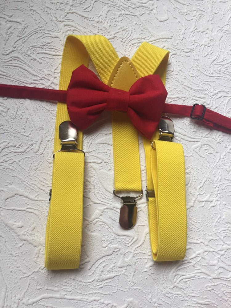 RED Bow tie and suspenders, Boys, Kids, Child, Ring Bearer Gift, Apple, yellow Suspender yellow Braces