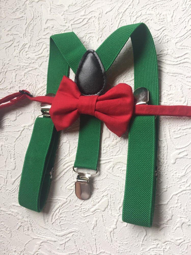 baby boy clothes, red bowtie, green suspenders, boys suspenders, red bow tie, green suspender, suspenders, red bow tie